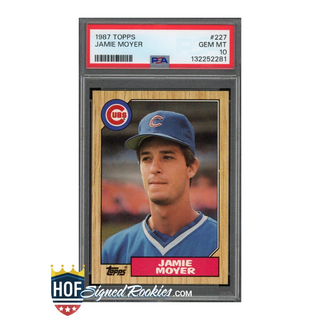 1987 Topps Jamie Moyer rookie card in a protective PSA slab with red label visible at top