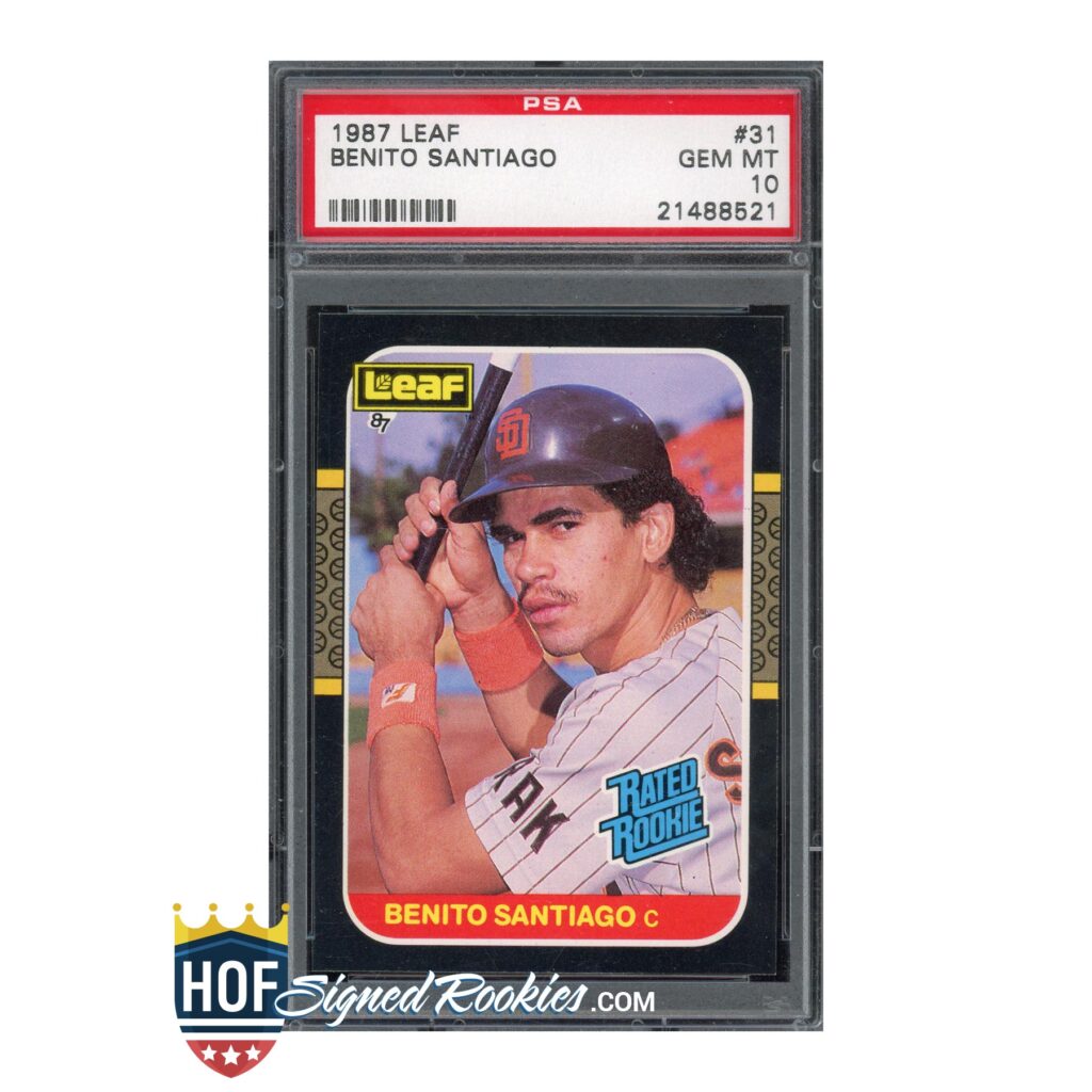 Graded 1987 Leaf Benito Santiago baseball card in PSA slab restaurant case