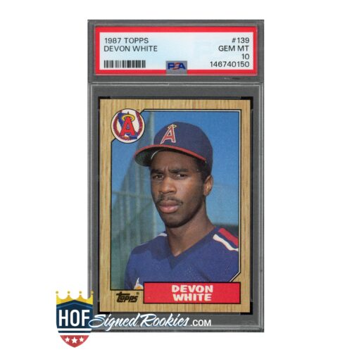 PSA-graded 1987 Topps Devon White baseball card in a protective case, showing White in an Angels uniform.