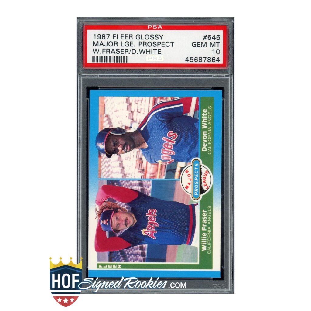 Slabbed PSA card label reading '1987 Fleer Glossy Major LGE. Prospect W. Fraser/D. White' with barcode and serial 45687864.