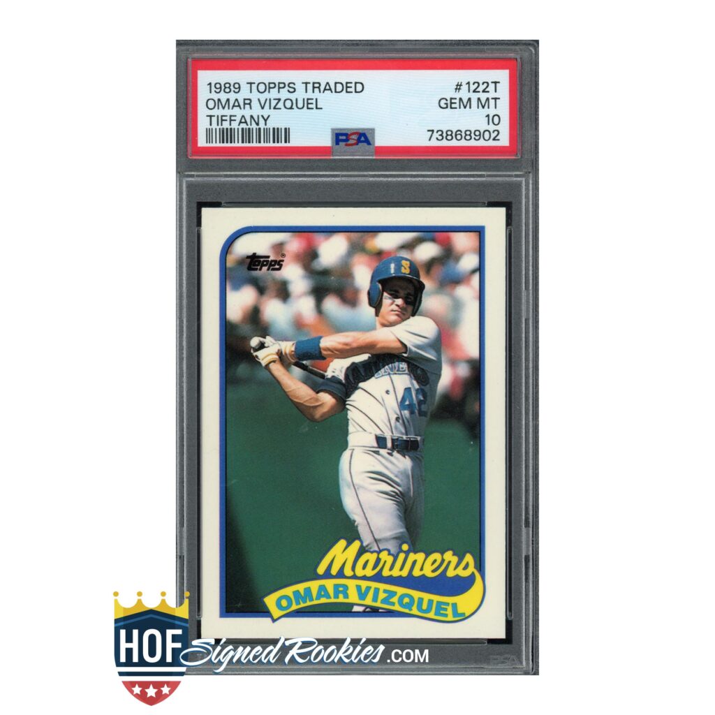 Vintage Omar Vizquel baseball card (1989 Topps Traded Tiffany) in a protective case with Mariners branding visible through the card window