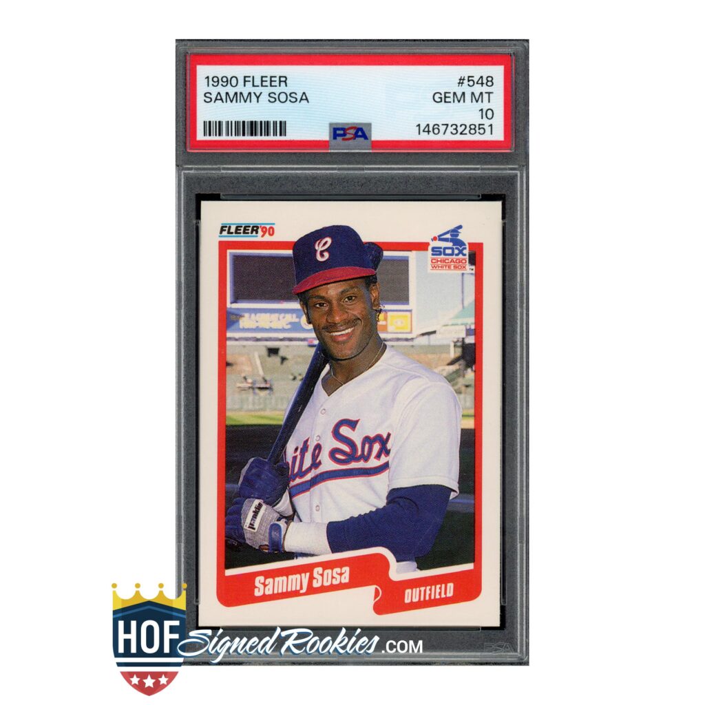 1990 Fleer Sammy Sosa rookie baseball card in a protective display case, showing Sosa in a White Sox uniform, labeled Sammy Sosa below.