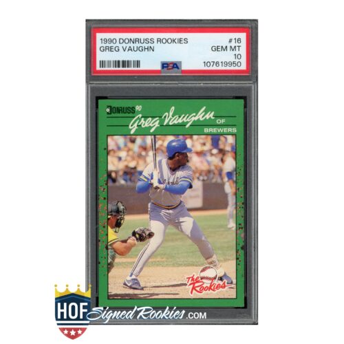 Front view of a 1990 Donruss Greg Vaughn rookie card in a protective case/slab.