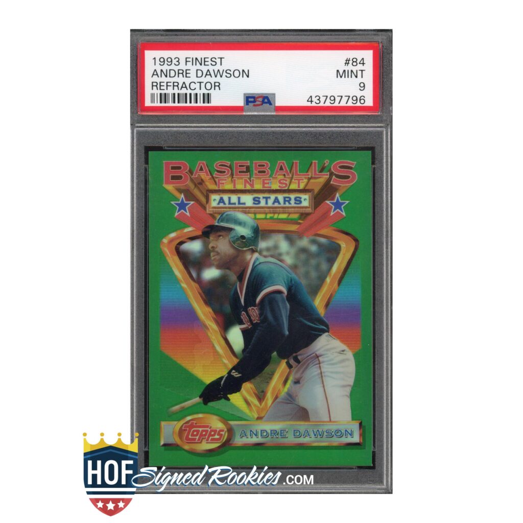 Baseball card in case featuring Andre Dawson refractor from 1993 Finest, all-stars theme, with Topps logo and PSA hologram please note watermark bottom left.