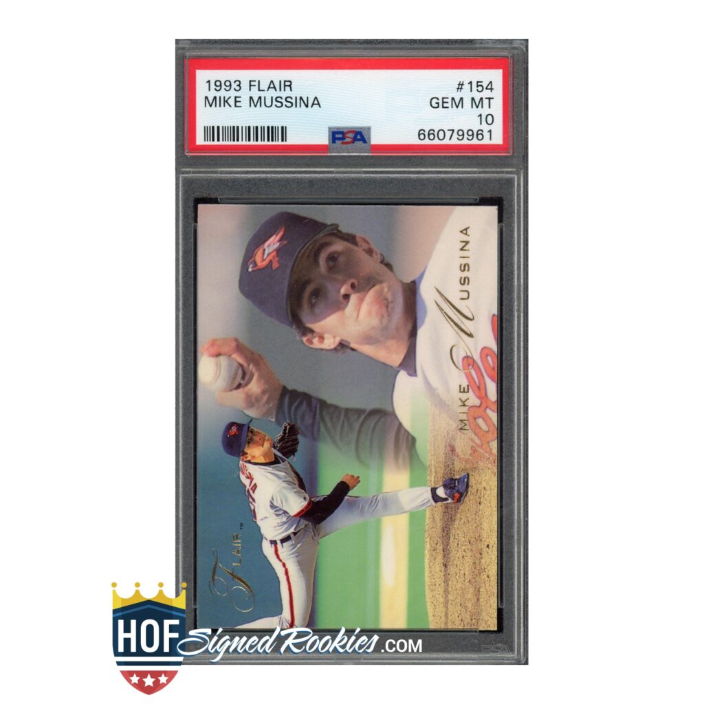 PSA-graded 1993 Flair baseball card of Mike Mussina in a pitching pose inside a protective plastic slab, visible PSA label on top.