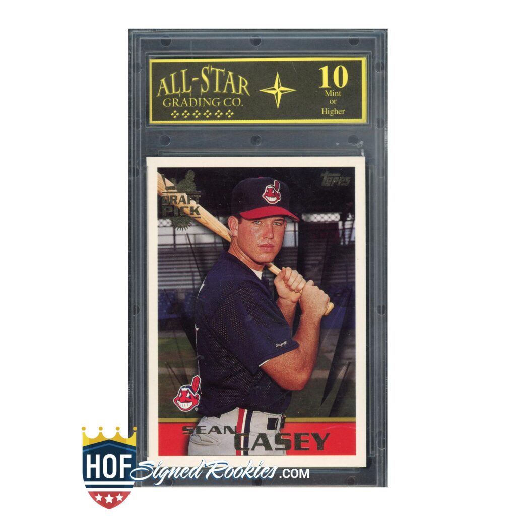 Baseball trading card of a right-handed batter in a dark jersey and Indians cap, gripping a bat, inside a plastic protective case.
