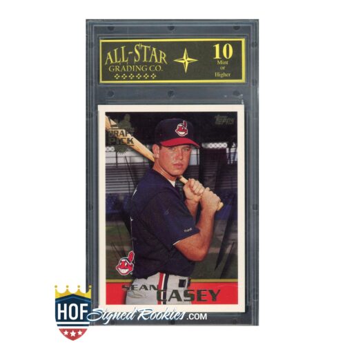 Baseball trading card of a right-handed batter in a dark jersey and Indians cap, gripping a bat, inside a plastic protective case.