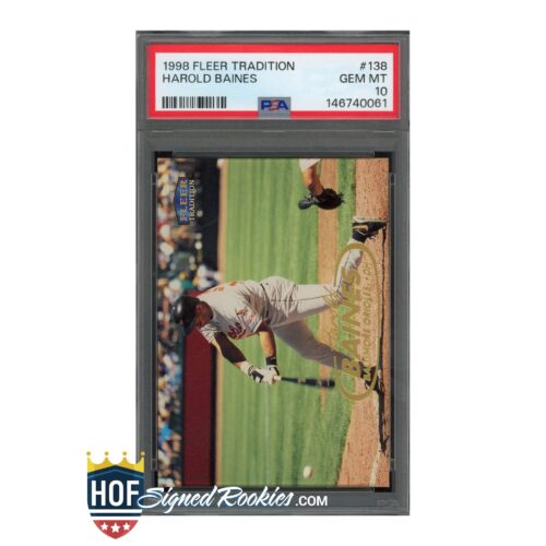 PSA-graded 1998 Fleer Tradition Harold Baines baseball card in a protective case with a red label at top and a logo at bottom left.