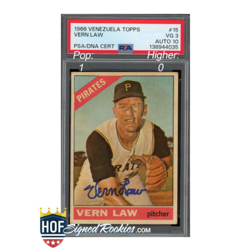 1966 Venezuela Topps Vern Law baseball card of Pirates pitcher, PSA graded VG 3 in a protective slab with PSA/DNA cert