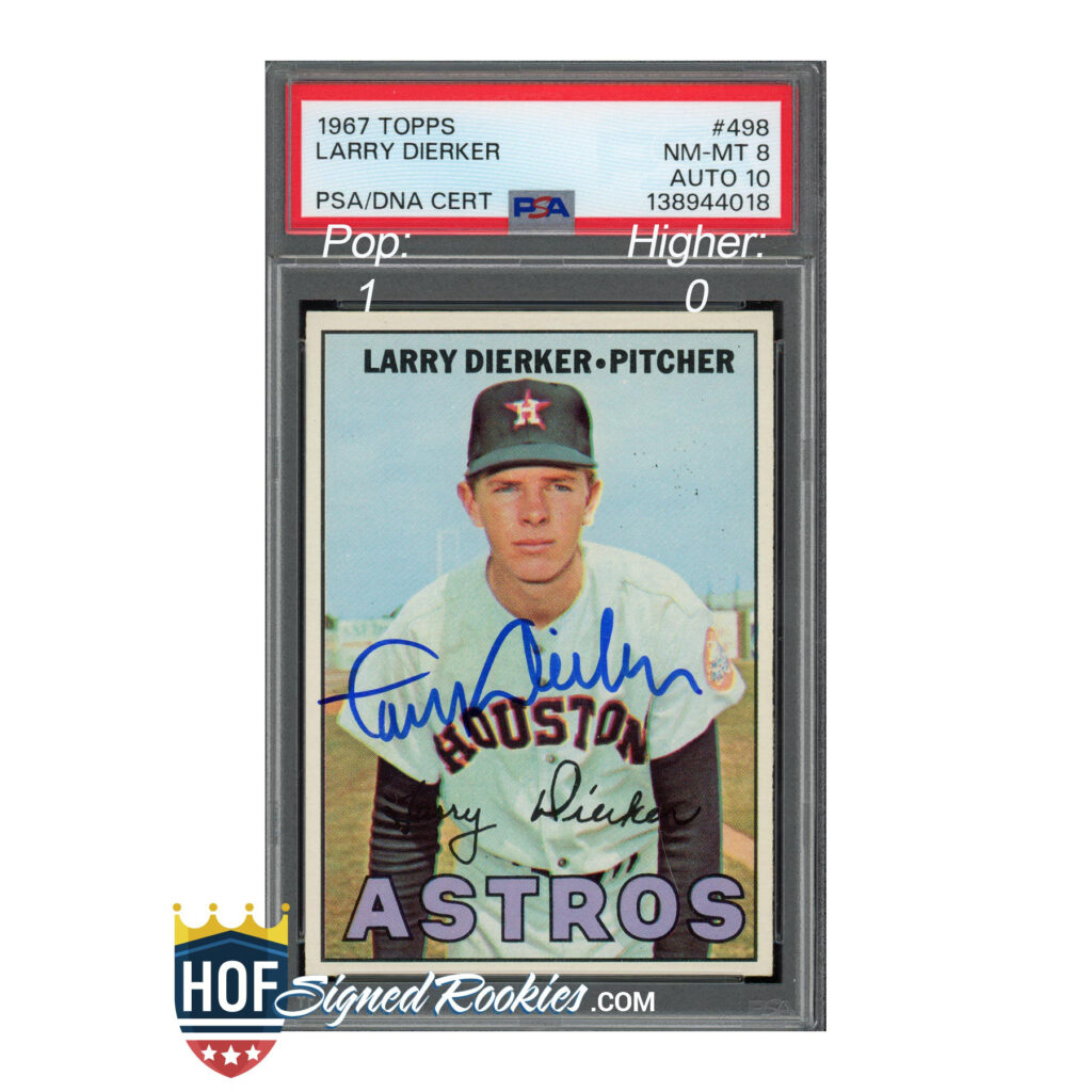 Baseball trading card of Larry Dierker, Astros pitcher, with PSA/DNA cert and autograph visible on the card scorecard frame