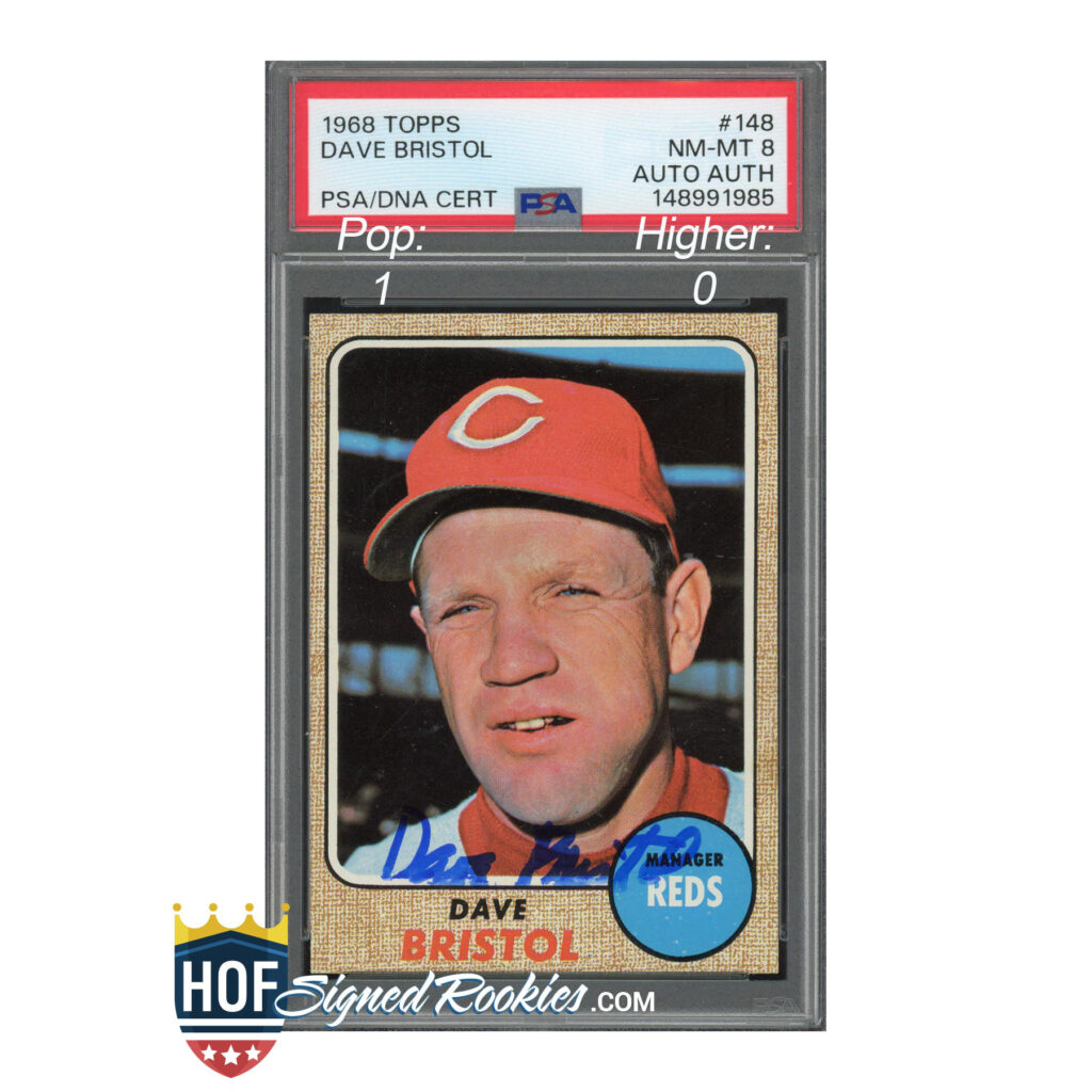 1968 Topps Dave Bristol baseball card in a PSA slab with PSA/DNA certification label visible on top edge of case