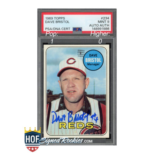 Vintage 1969 Topps Dave Bristol baseball card in a protective case, PSA/DNA certified, Reds manager image attached.