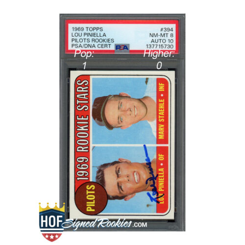 1969 Topps Lou Pinella rookie card in PSA/DNA graded case; red label visible at top of holder, baseball card inside.