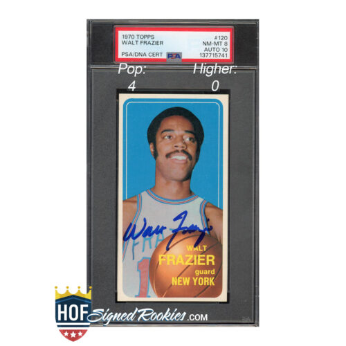 Autographed 1970 Topps Walt Frazier rookie basketball card in a protective display case with a PSA/DNA certification label visible behind the card.