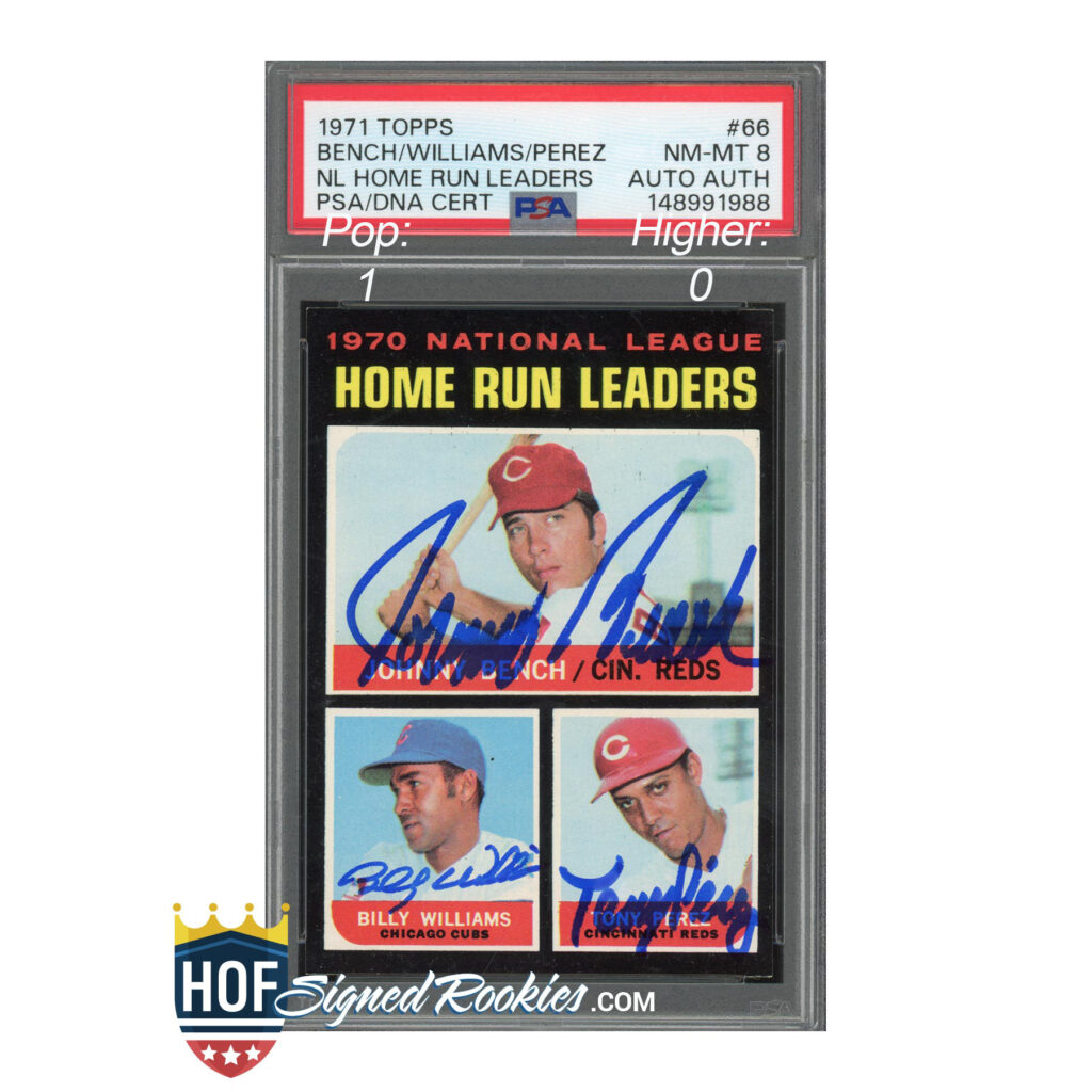 PSA-graded 1971 Topps NL Home Run Leaders card in a protective case with autographs (Bench, Williams, Perez).