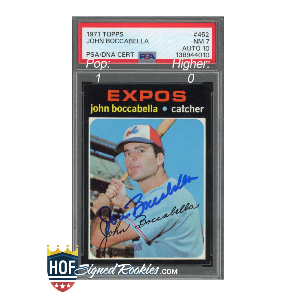 Autographed 1971 Topps John Boccabella baseball card in a PSA/DNA protective slab.