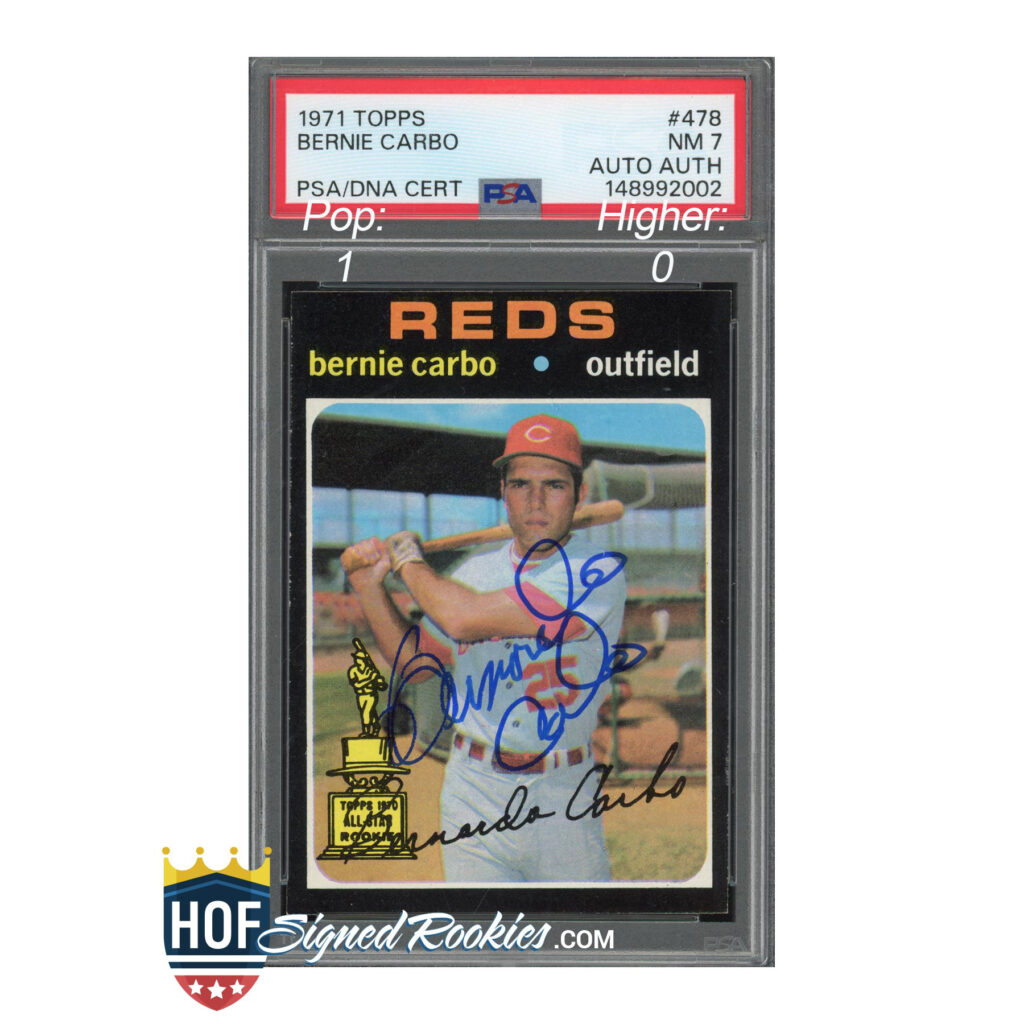 Autographed 1971 Topps Bernie Carbo rookie baseball card in a PSA/DNA slab case (front view).