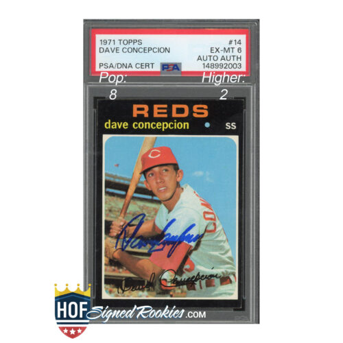 PSA-graded 1971 Topps Dave Concepcion baseball card in a protective holder, Reds autograph visible, with PSA/DNA certification label above.