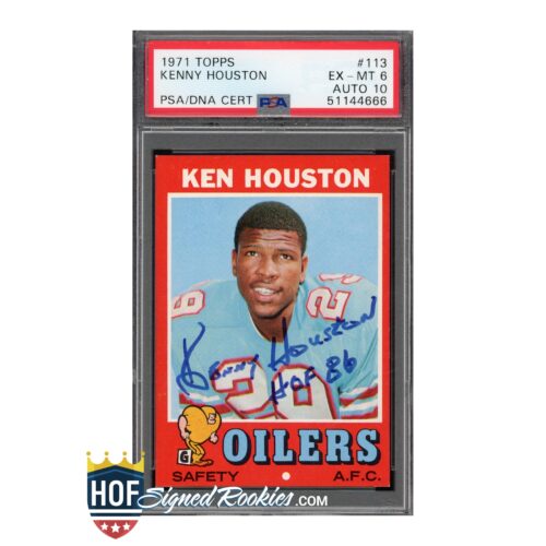 PSA/DNA certified 1971 Topps Kenny Houston Oilers football card in a protective case, showing Houston's portrait with a red border and team name below.