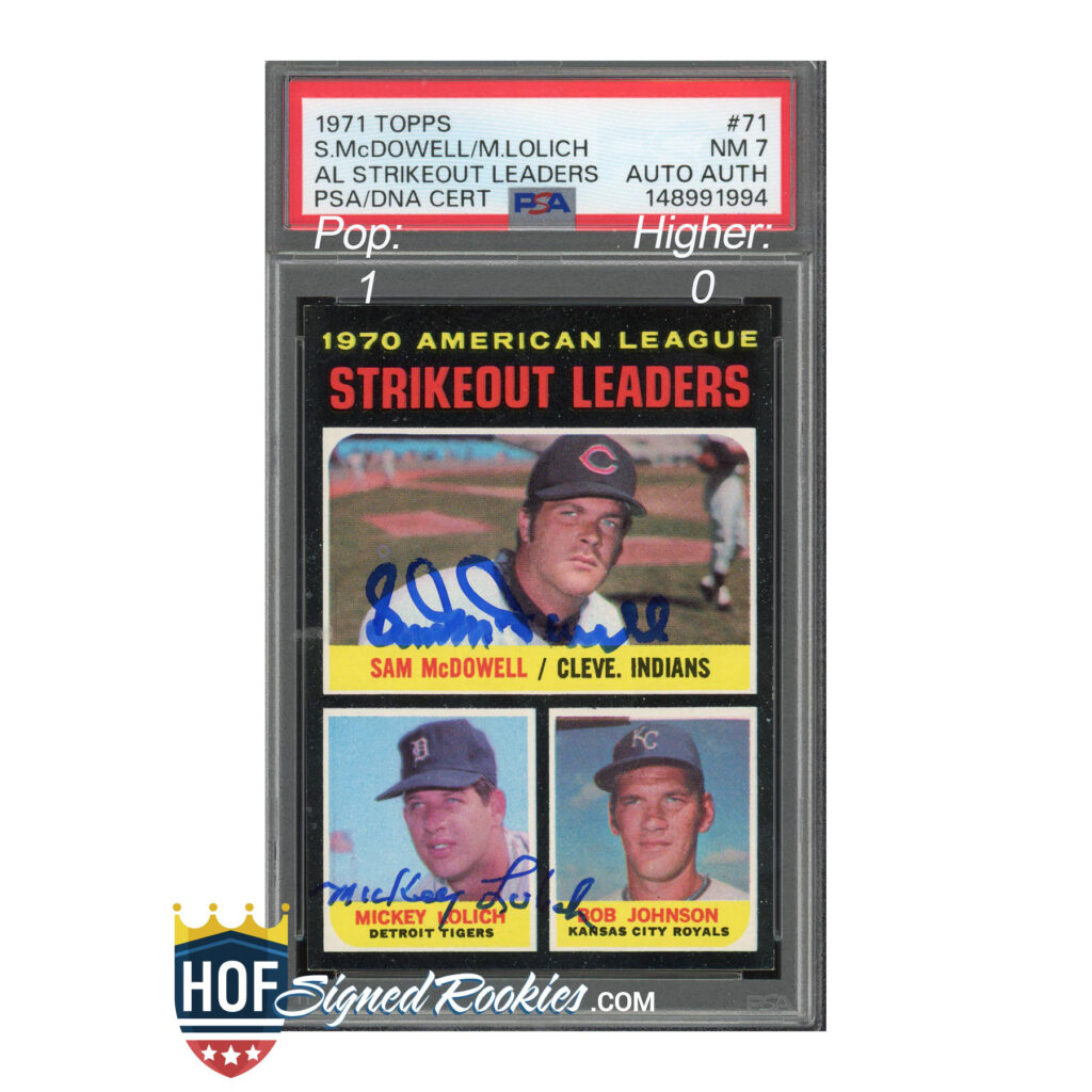 PSA-graded 1970 American League Strikeout Leaders baseball card panel featuring Sam McDowell and Mickey Lolich in a display case.