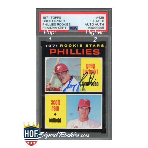 PSA-graded 1971 Topps Greg Luzinski Phillies rookie card in a protective slab, with blue autograph visible on the card front.