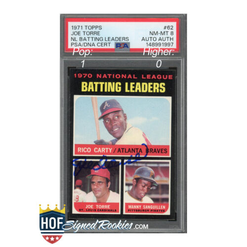 Close-up of a PSA slab showing 1971 Topps Batting Leaders with Rico Carty, Joe Torre and Manny Sanguillen in the display panel.