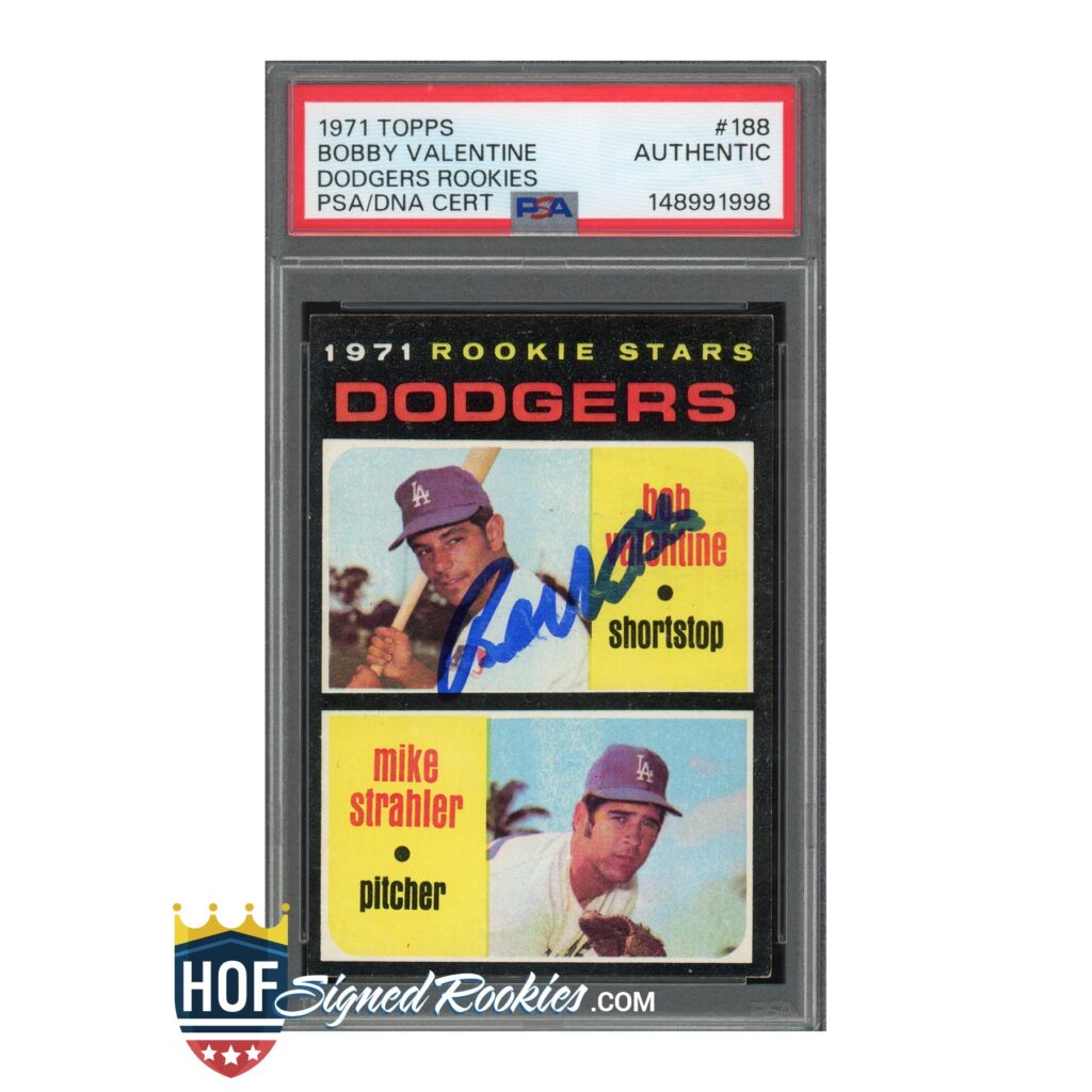 Slabbed PSA-authenticated 1971 Topps Bobby Valentine Dodgers rookie card in protective case with label visible on top panel