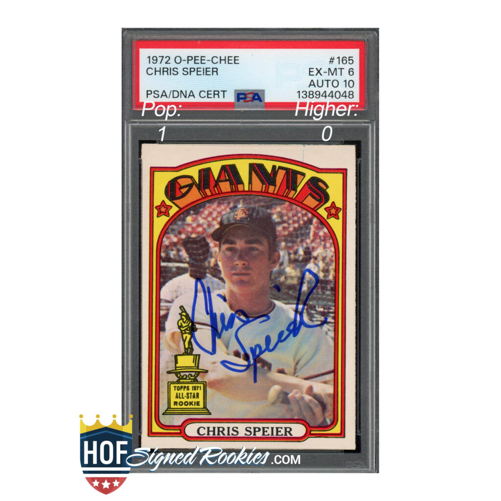 Front of a 1972 O-Pee-Chee Chris Speier baseball card in a PSA slab, autographed in blue ink across the image.