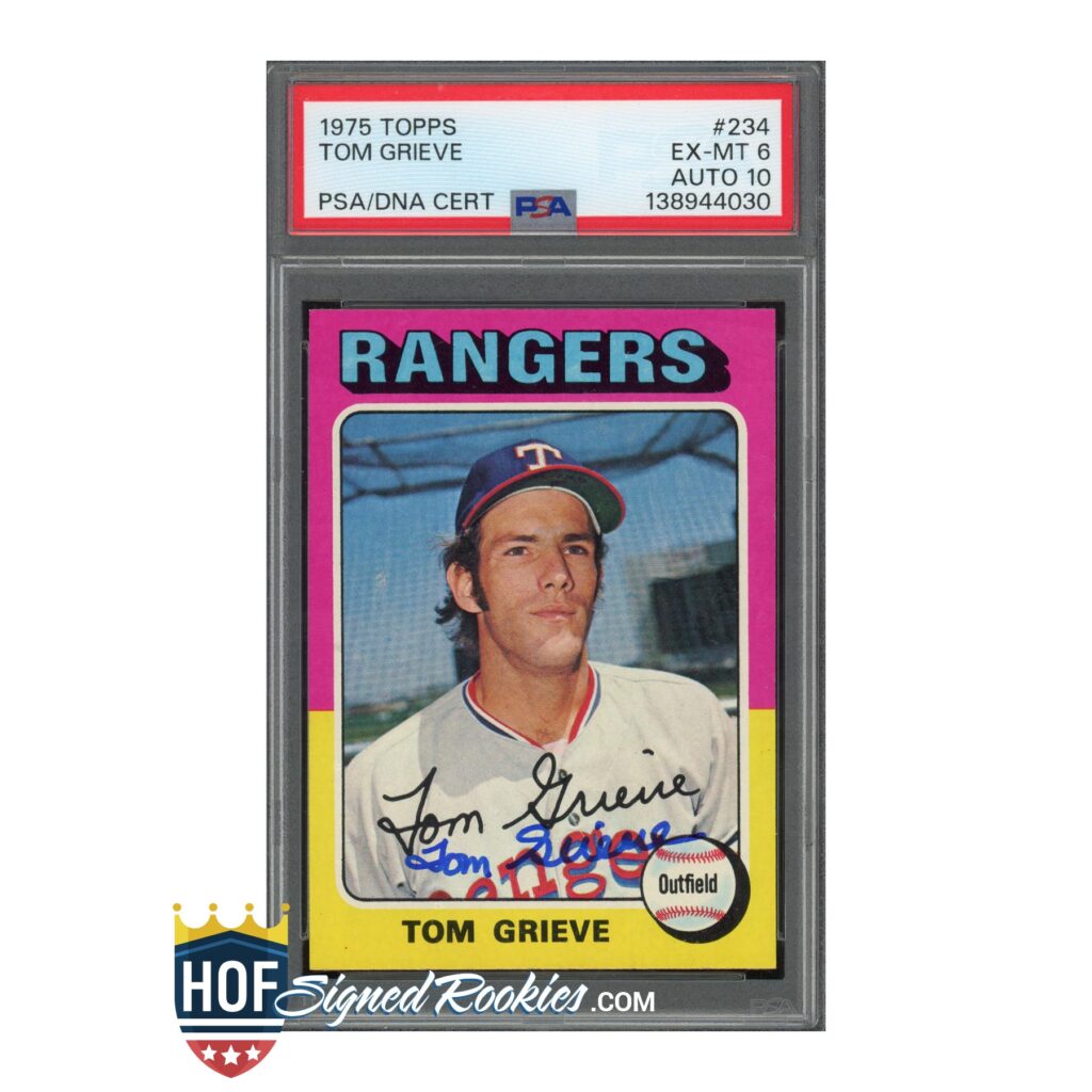 Tom Grieve 1975 Topps baseball card in a PSA authentication slab, featuring a Rangers logo and his autograph.