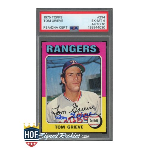 Tom Grieve 1975 Topps baseball card in a PSA authentication slab, featuring a Rangers logo and his autograph.