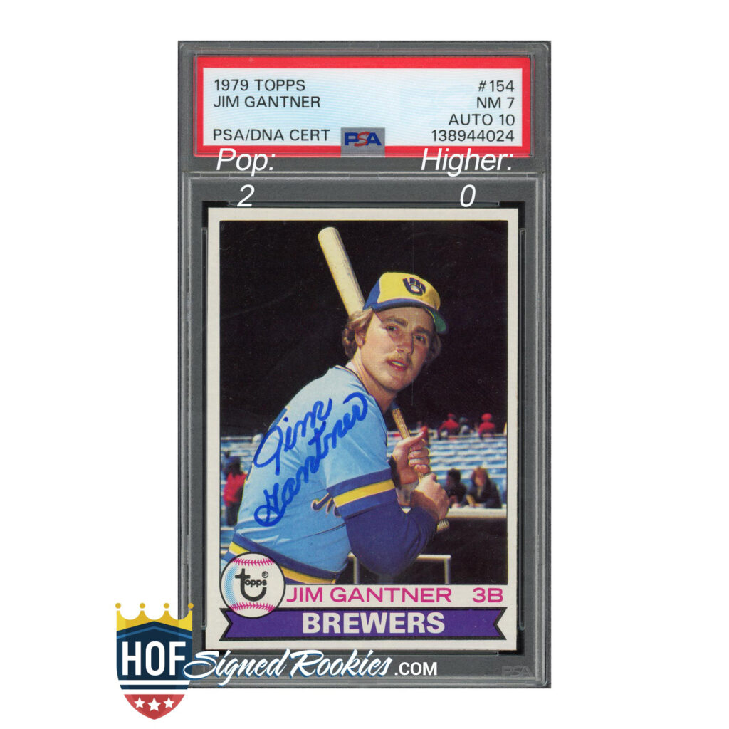1979 Topps Jim Gantner baseball card in a protective case with PSA/DNA cert label and Brewers image visible in the card art, featuring a blue autograph on the jersey