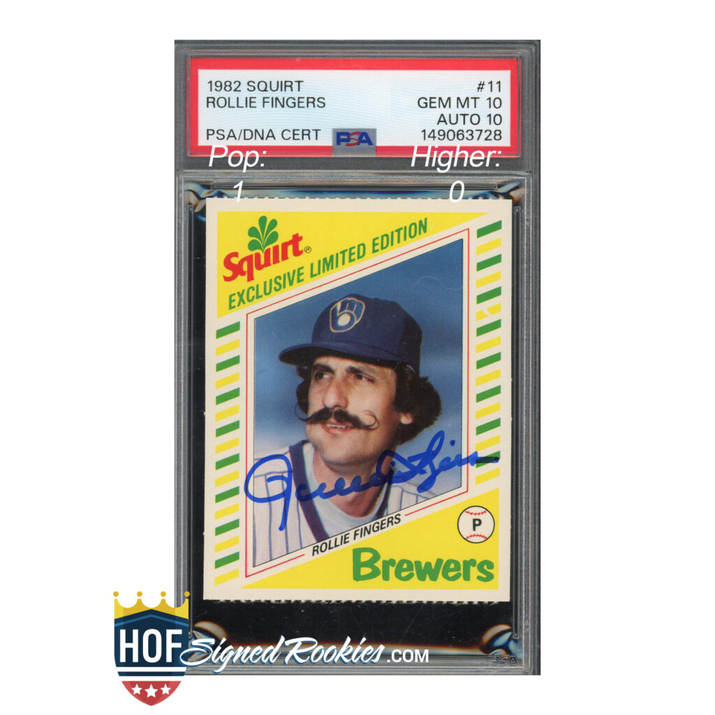 PSA/DNA certified 1982 Rollie Fingers 'Squirt' baseball card in a protective case, with autograph visible