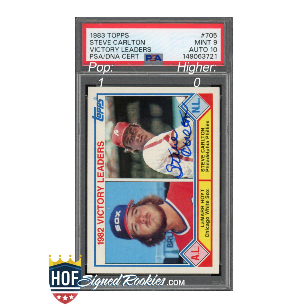 1983 Topps Steve Carlton Victory Leaders baseball card in protective case with PSA/DNA certification badge visible.
