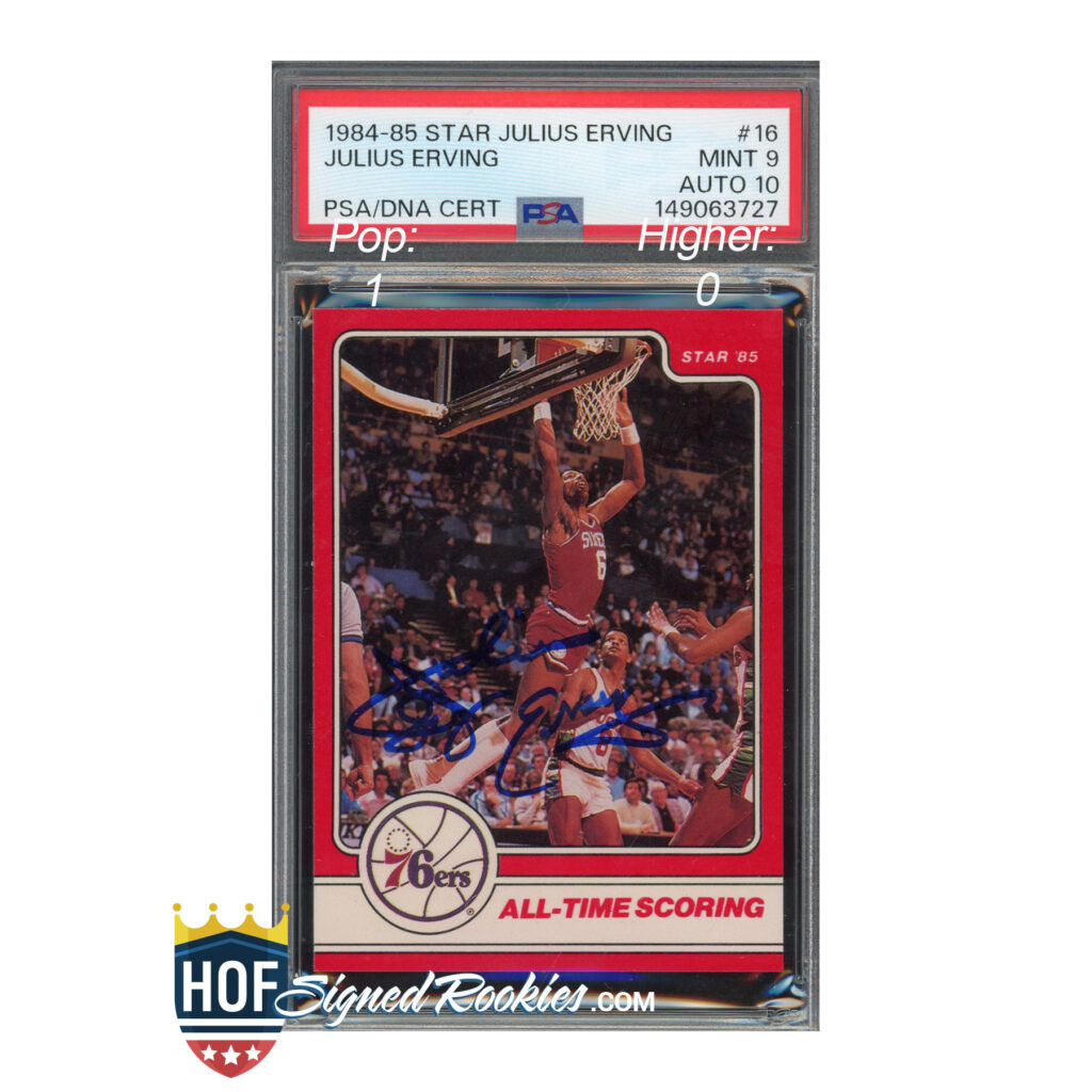 Autographed 1984-85 Star Julius Erving basketball card with PSA/DNA cert label visible at top edge and action photo below, encased in a protective slab.