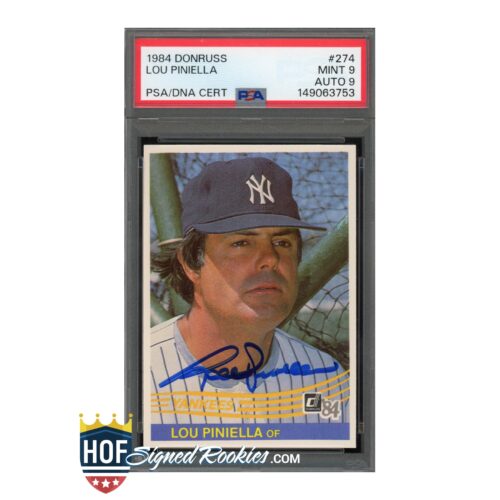 Donruss 1984 Lou Pinella baseball card inside protective case with PSA/DNA certificate label at top, autographed in blue pen on the card front.