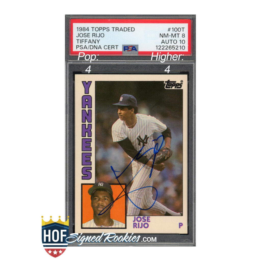 Front of a 1984 Topps Jose Rijo rookie card in a protective slab, PSA/DNA certificate visible, autographed in blue ink, Yankees pitcher image