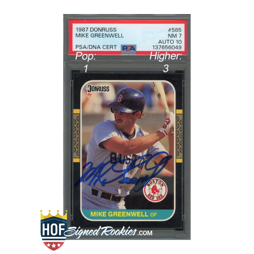 Baseball card of Mike Greenwell in a PSA/DNA certified slab, Boston Red Sox logo visible on card edge and autographed surface