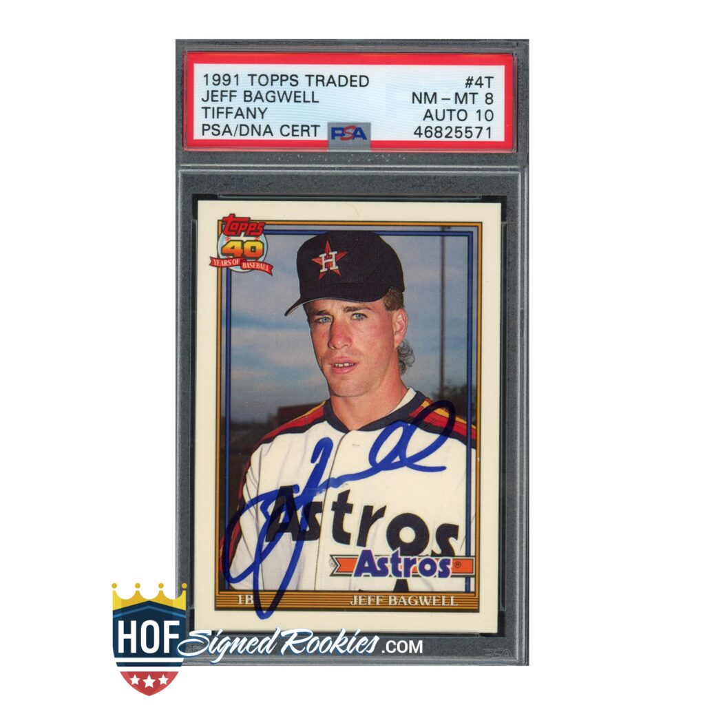 PSA-certified 1991 Topps Traded Jeff Bagwell Astros baseball card in a protective slab, with autograph across the front.