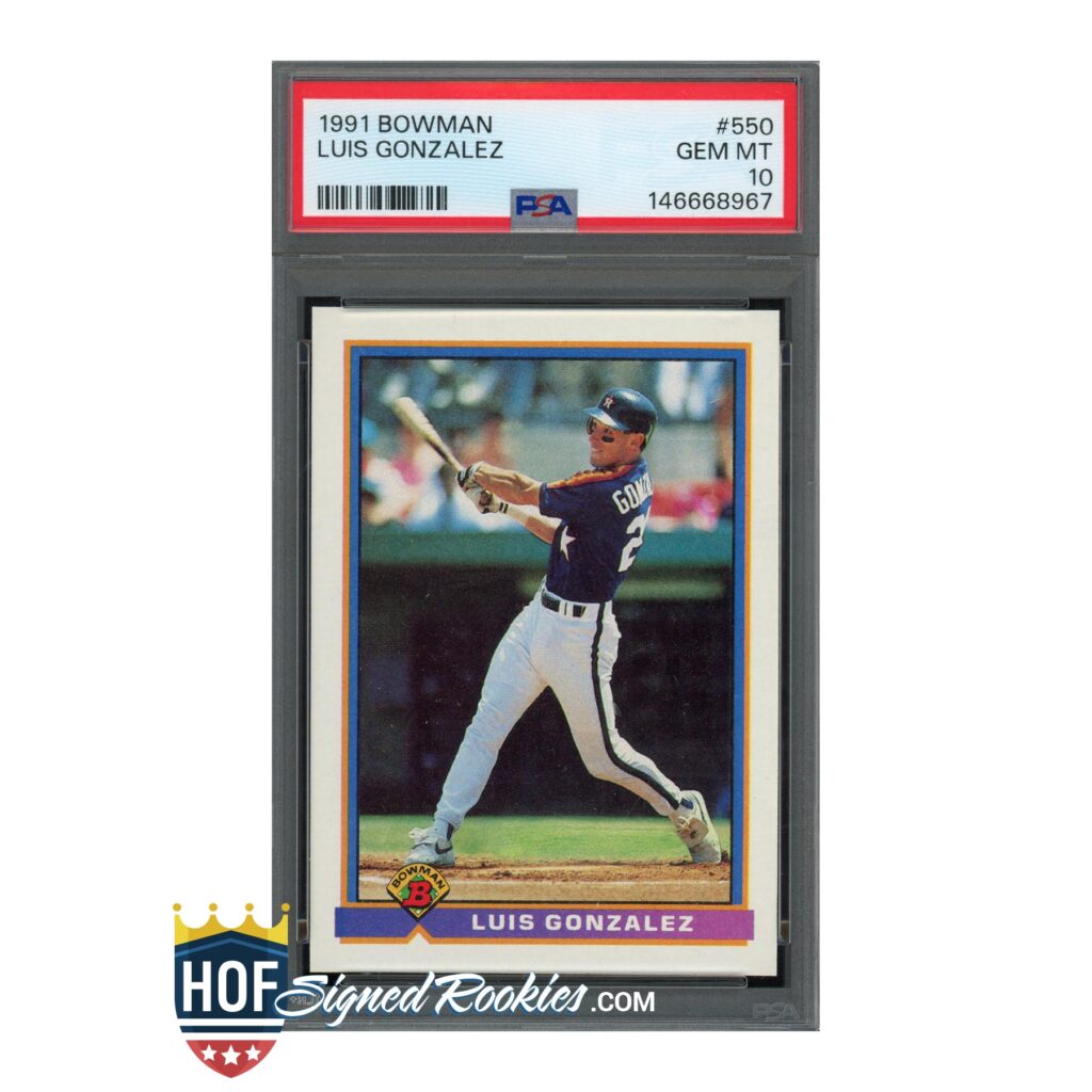 Front of a 1991 Bowman baseball card featuring Luis Gonzalez in a blue uniform inside a protective case with PSA label reading '1991 BOWMAN LUIS GONZALEZ'