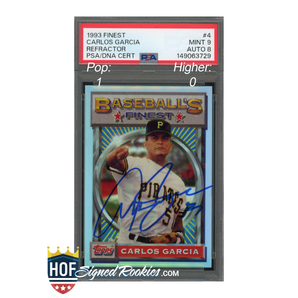 Baseball card of Carlos Garcia in a protective case with PSA/DNA label and autograph on a Topps card