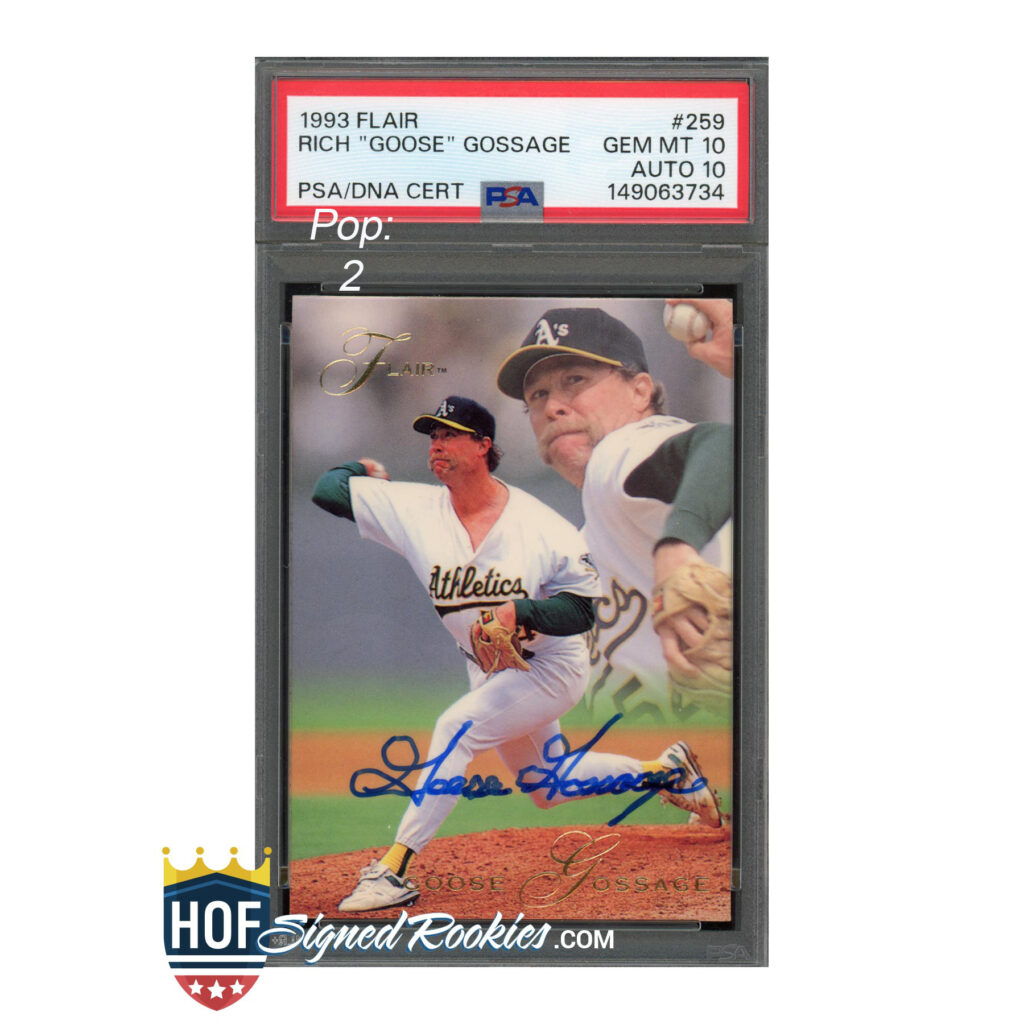 Autographed Goose Gossage rookie baseball card in a PSA slab with action photo on the card front and PSA label above it.
