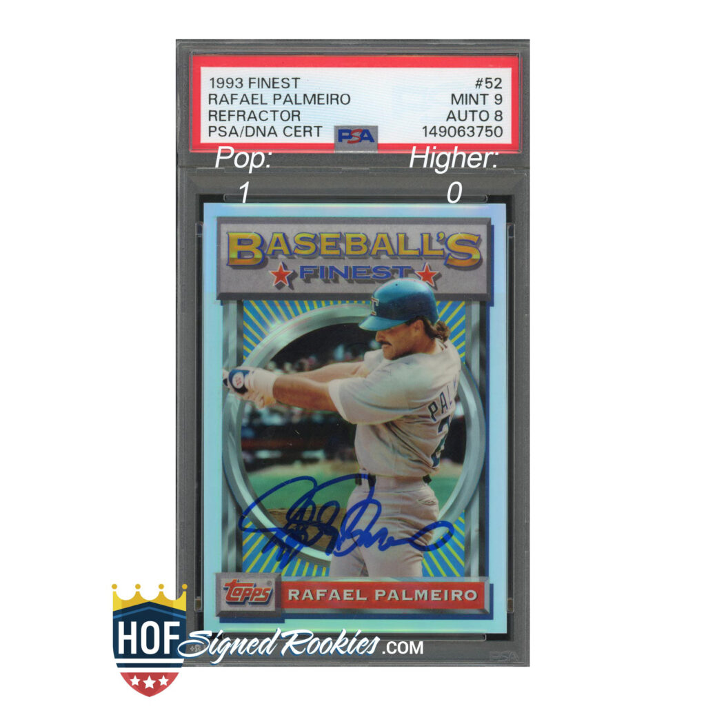Rafael Palmeiro rookie baseball card in a protective PSA/DNA slab with a signed autograph visible on the card surface as part of Topps Finest set.
