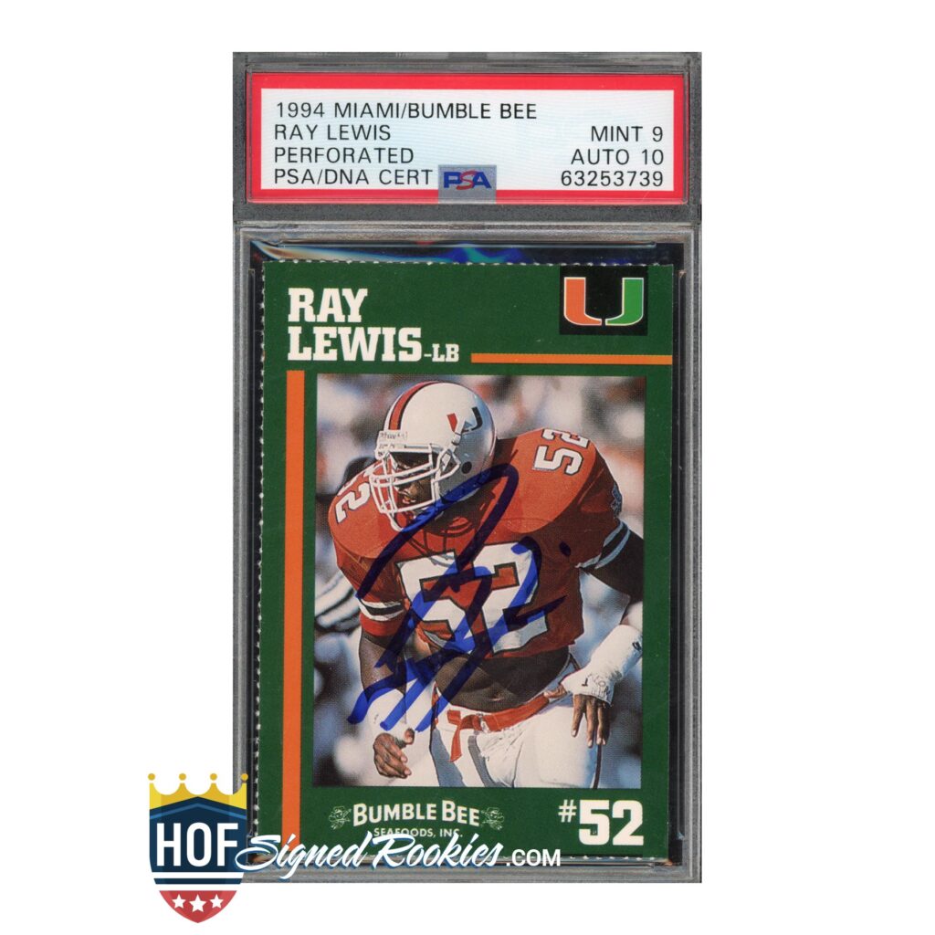 1994 Ray Lewis Miami/Bumble Bee football trading card (rookie) with PSA/DNA certification and autograph on front.